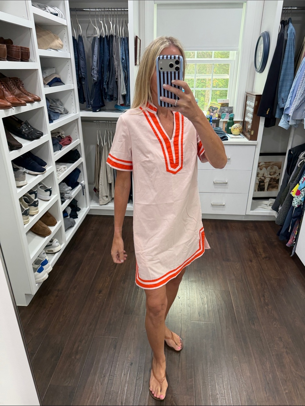 Amazon Women's Pink Shift Dress with Orange Trim XS